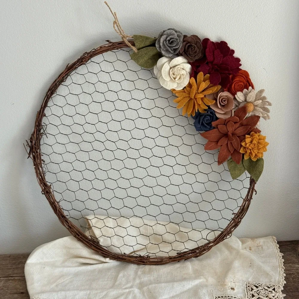 Rustic Grapevine Chicken Wire Wreath with Colorful Felt Flowers 14